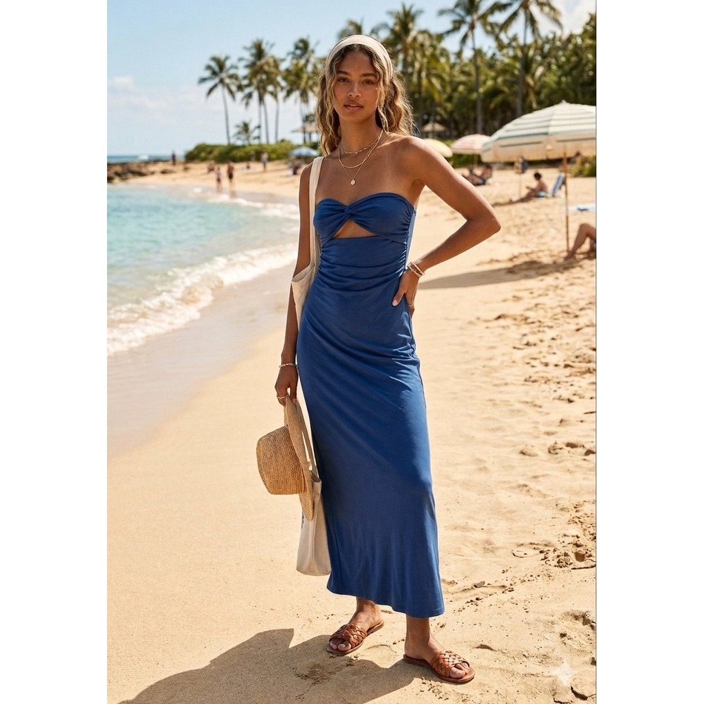 Zara Blue Strapless Twist Front 💙Cutout Ruched Midi Dress summer boho -small